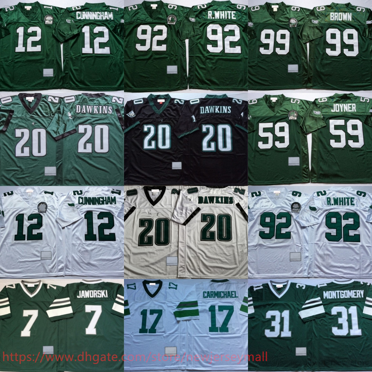 1996 Throwback Football 20 Brian Dawkins Jersey Vintage 12 Randall Cunningham 92 Reggie White 99 Jerome Borwn Wilbert Montgomery Harold Carmichael Chuck Bednarik