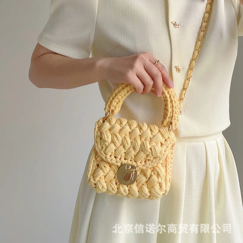 Handmade rope crochet cross body bag for womens y chain knitted handbag small shoulder square 240913