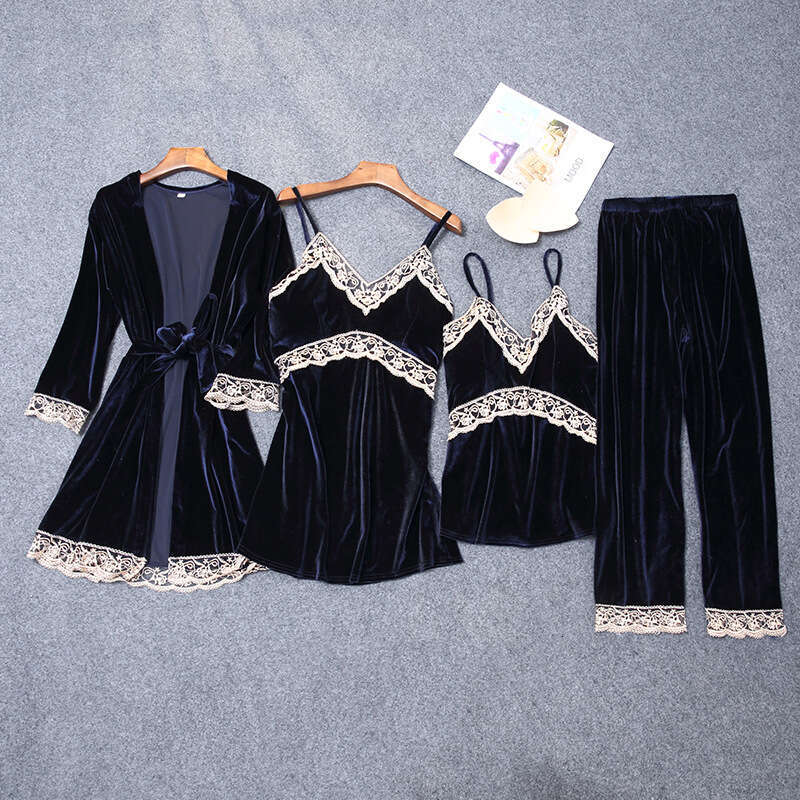 4 Pieces Lace Veet Pamas Sets Women Warm Sleepwear Robe Pants Winter Pijamas Bathrobe Sexy Gerie Autumn Pyjamas