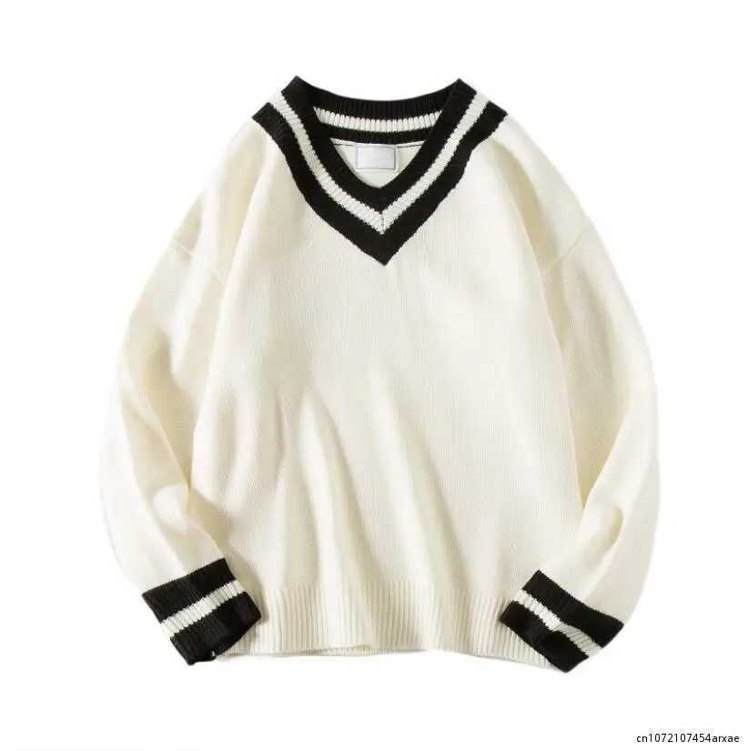Men Fashion Pullover Warm Cashmere Knitting Long Sleeve Knit V-neck Loose Coats Casual Black/White Woolen Sweater M-2XL M240914