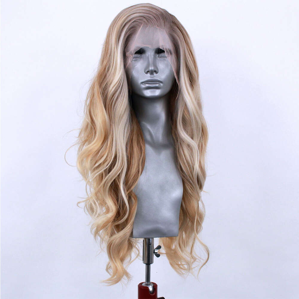 Ashy Grey Rooted Golden Blonde Highlights Lace Front Wig High Quality Heat Safe Synthetic Fiber Loose Wand Curls 150% Daily