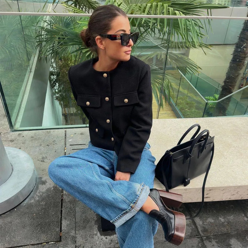 TRAF Cropped Jacket For Women Coat Autumn Winter Crop Jacket Tweed Round neck Long sleeved demi-season Jacket Bomber Outerwears 240911