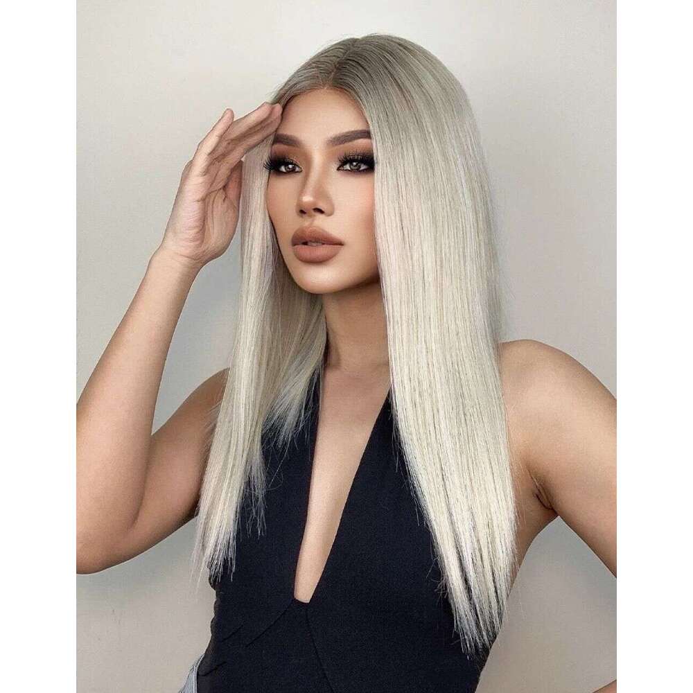 Platinum Synthetic Ash Blonde Roots Ombre Human Hair Wigs 10% Mixed Straight Lace Front Wig Daily/Cosplay