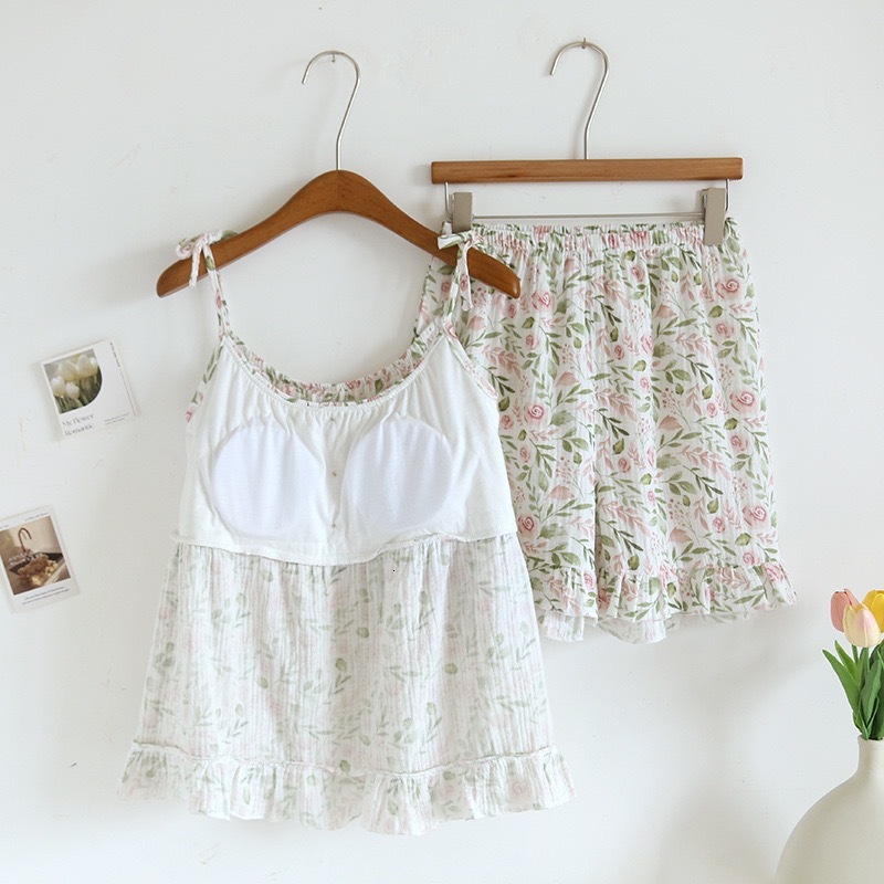 2023 NEW Rose-Bush Suspender Summer Girl Pamas Cotton Gauze Short Sleeve Shorts Home Suit Sleepwear With Chest Pad