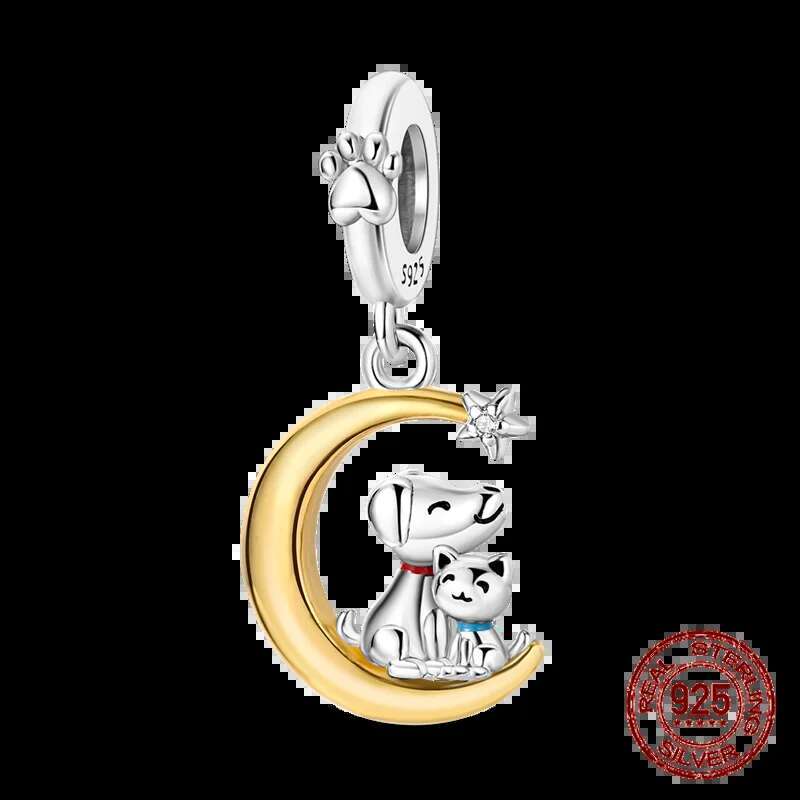 S925 Golden Color Charms Beads Sterling Silver wer Cat Moon Star Dangle pendant Fit Original Bracelet DIY Jewelry
