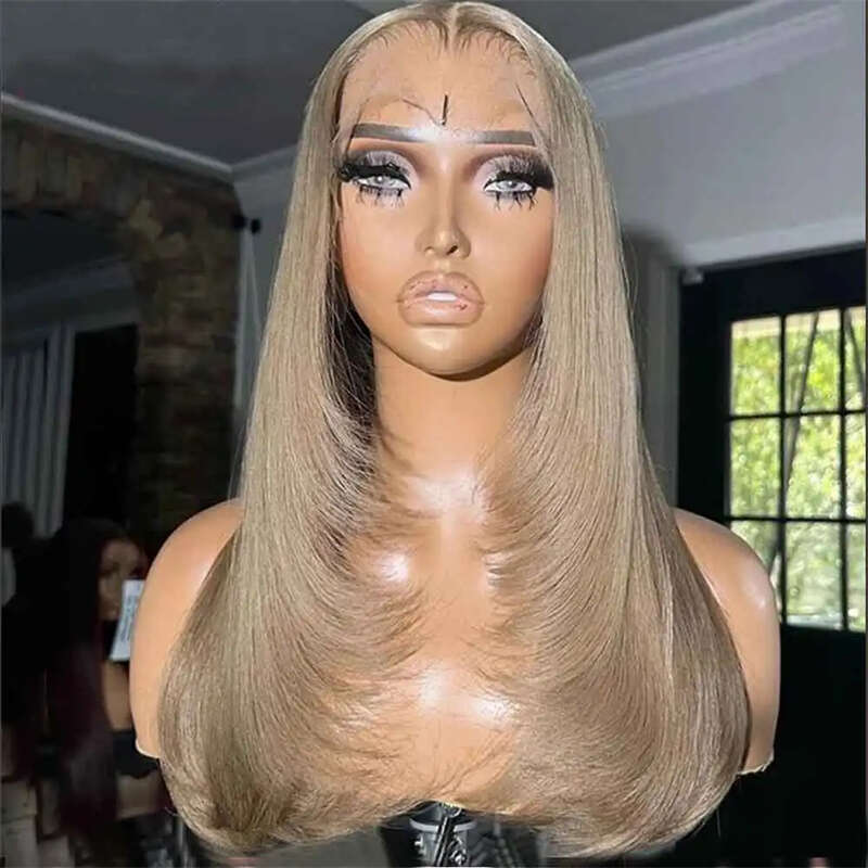 Ash Brown Synthetic Front Wigs For Black Women Layered Cut HD Transparent Glueless Straight Lace Wig