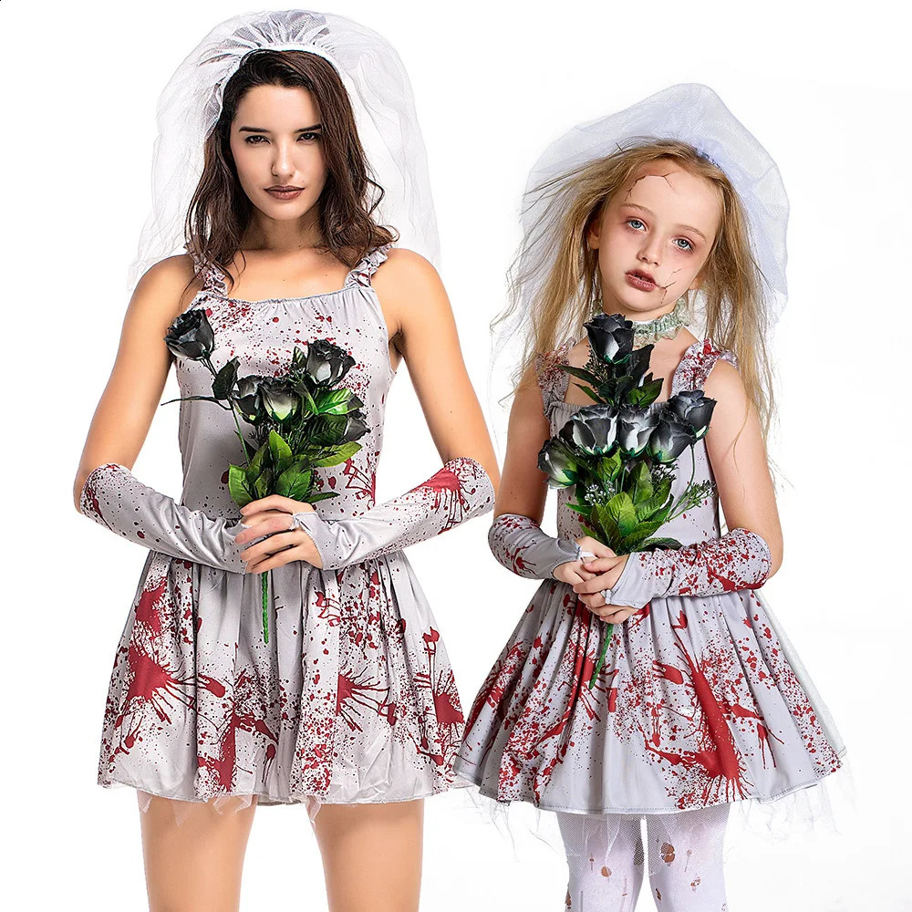 Girl Corpse Bride Horror Cosplay Children Halloween Bloody Walking Dead Zombie Costume Carnival Purim Cosplay Party Dress 240906