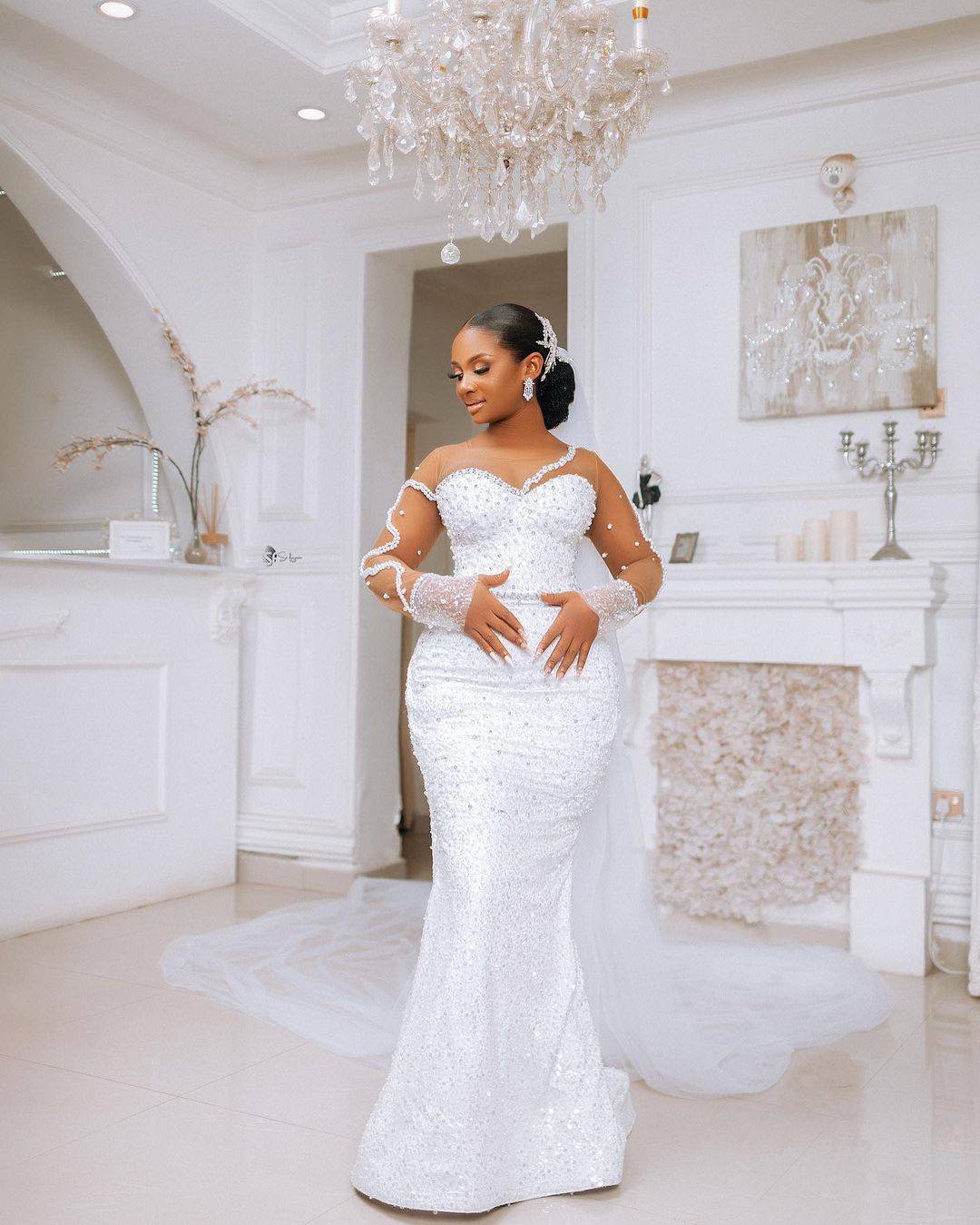 Plus Size Mermaid Wedding Dress Appliques Pearls O Neck Bride Gowns Bead Long Sleeve Pleats Bridal Dresses With Veil Custom Made
