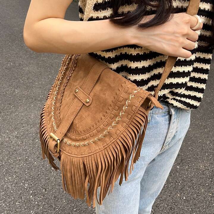 AMZZ 2024 Tassel Imitation Suede Saddle Fashion Trend Versatile One Shoulder Oblique Hanging Women's Bag