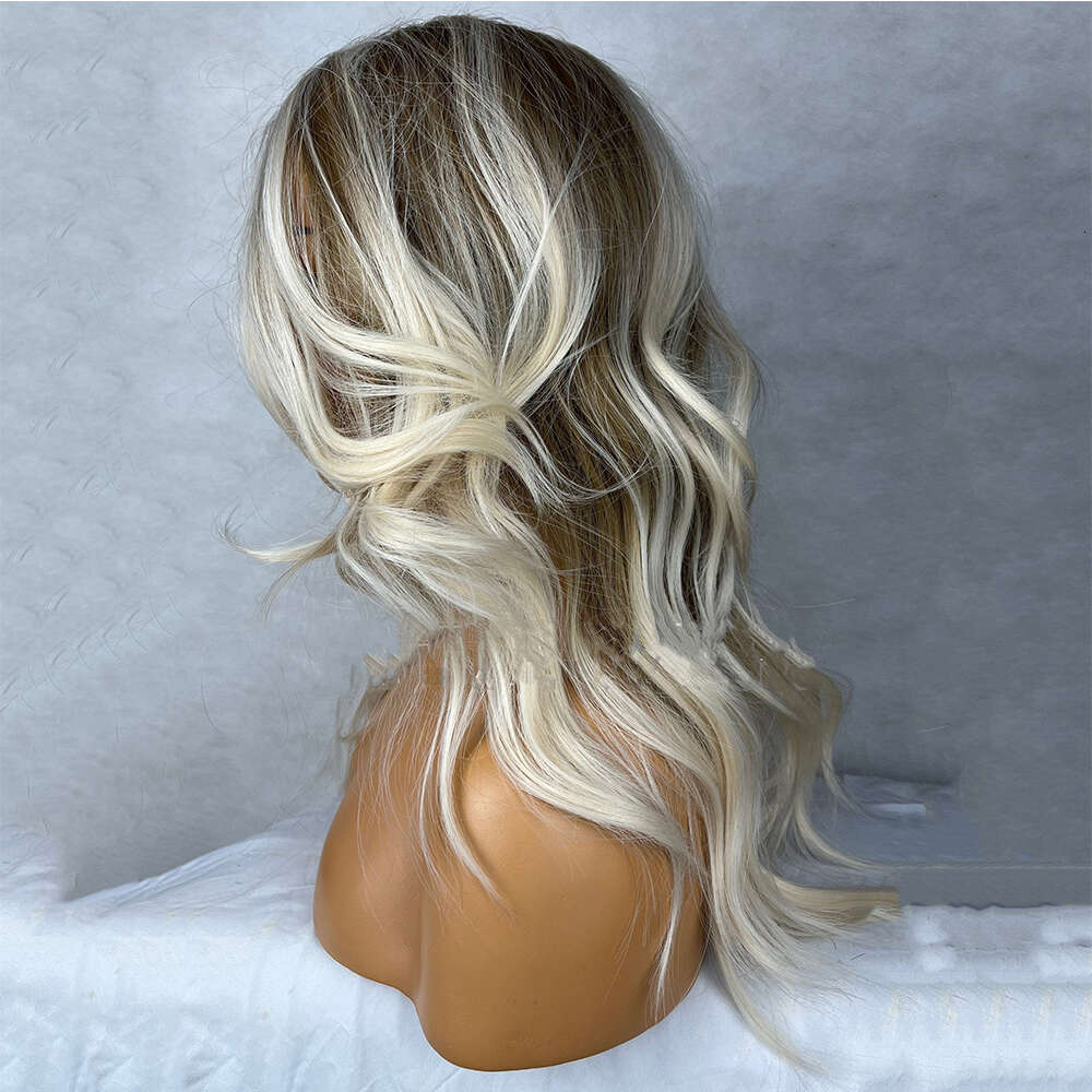 Ash Blonde Brown Balayage Highlights Wavy Side Part Lace Front Womens Wig Highest Grade Synthetic Fibers Human Hair Blended