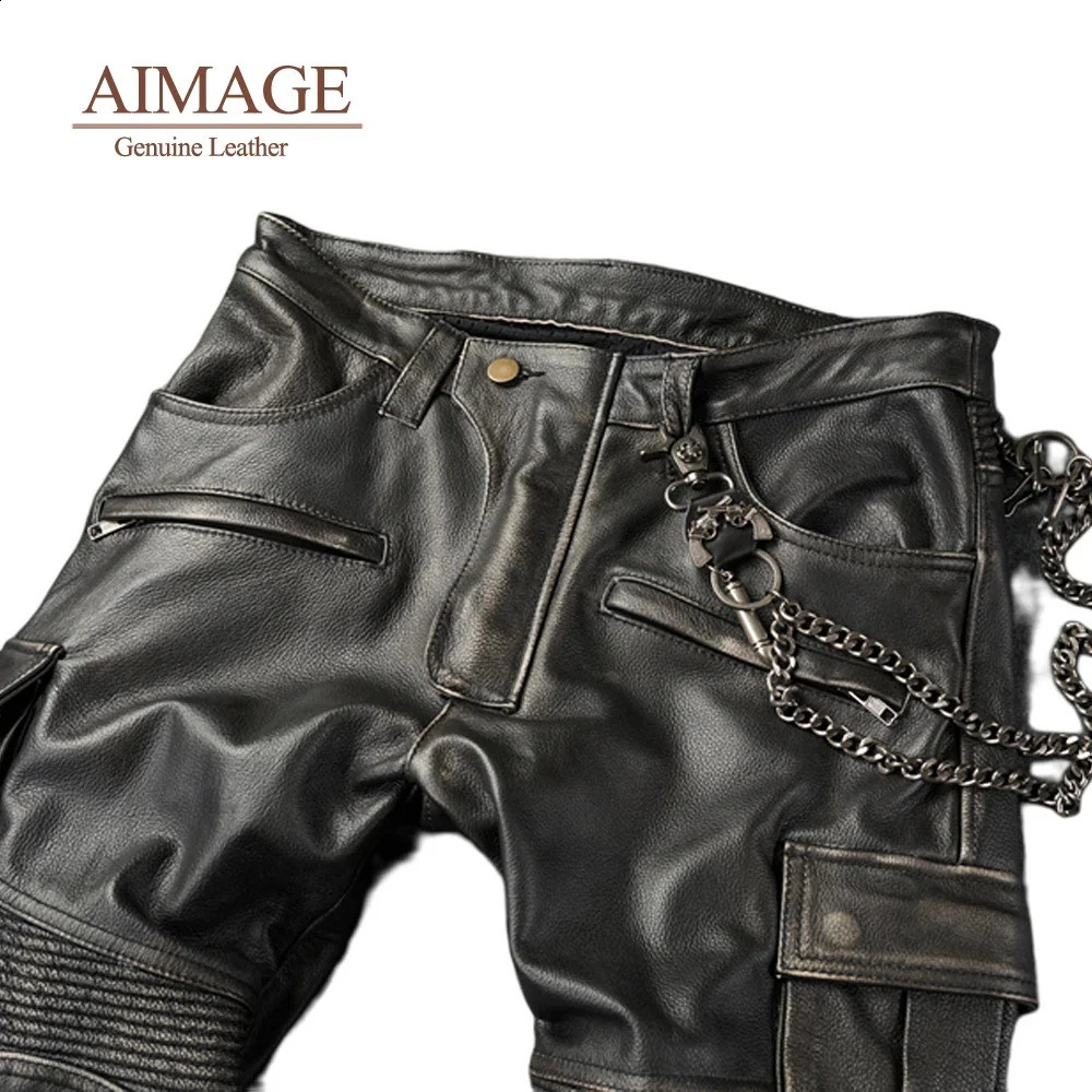 Retro mens denim leather pants with multiple pockets Pantalones De Cuero Moto Ride Pantalon Cuir travel windproof latex mens PY416 240913