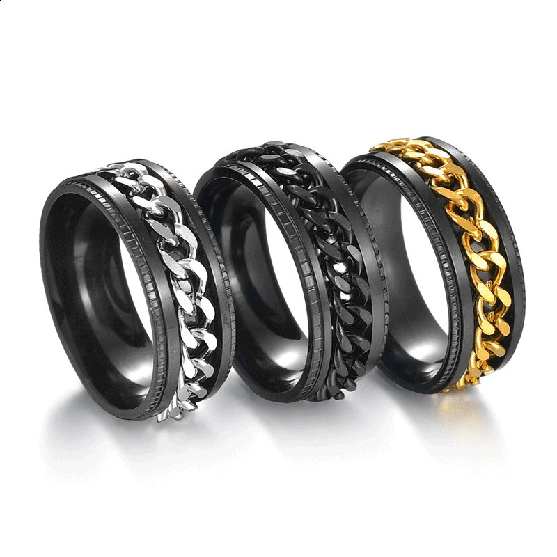 Steel Rotatable Chain Rings Men Women Stress Ring For Anxiety Couple Jewelry 8mm Corkscrew Multifunctional Gift 240906