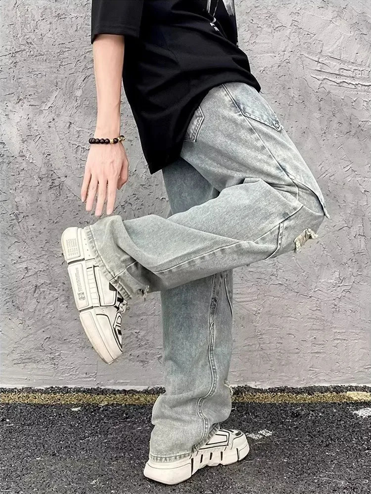 Ropa Y2K Streetwear Washed Blue Ripped Stacked Jeans Pants For Men Vintage Clothes Straight Hip Hop Denim Trousers Spodnie 240912