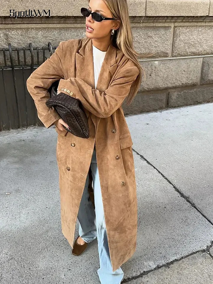 Fashion Lapel Long Windbreaker Jacket Elegant Casual Suede Leather Womens Trench Coat Oversize Autumn Commute Street Outerwear 240911