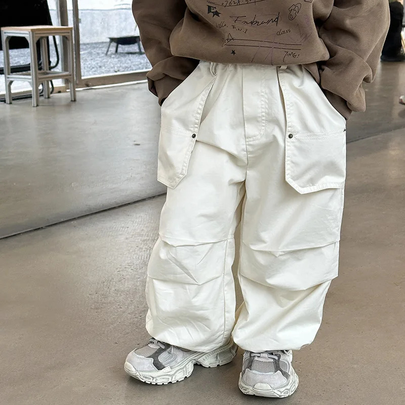 Kids spring summer loose Trousers boys and girls pockets decoration cargo pants 2--7Y 240906