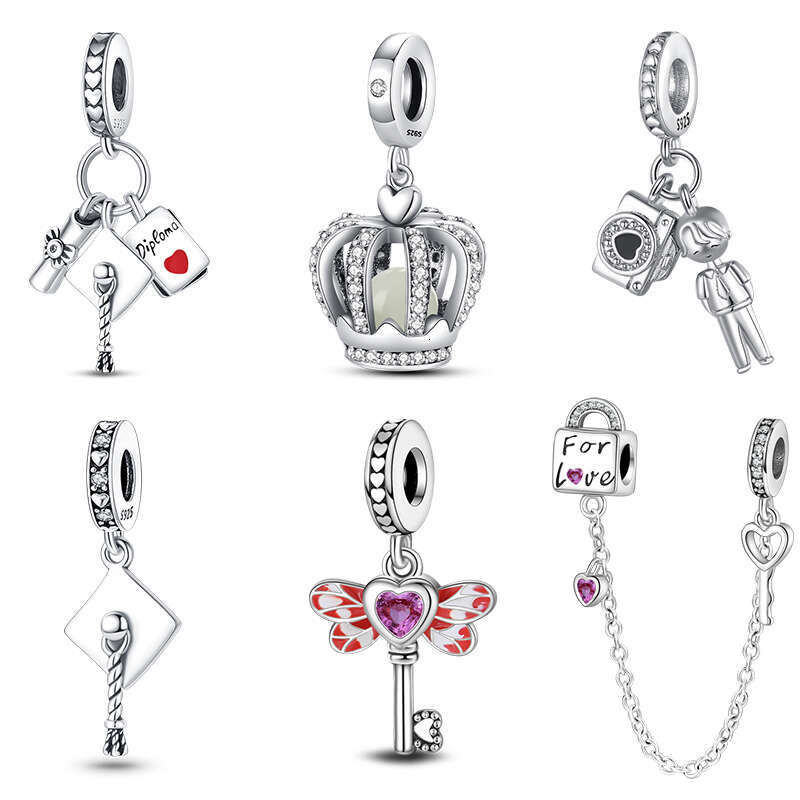 925 Sterling Silver Eternal Love Crown Lock key Charms Beads Fit Original Bracelets DIY Jewelry Valentine's Day Gift