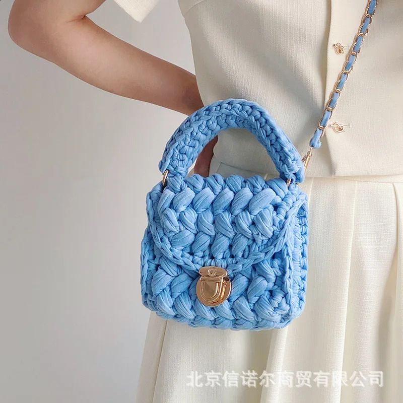 Handmade rope crochet cross body bag for womens y chain knitted handbag small shoulder square 240913