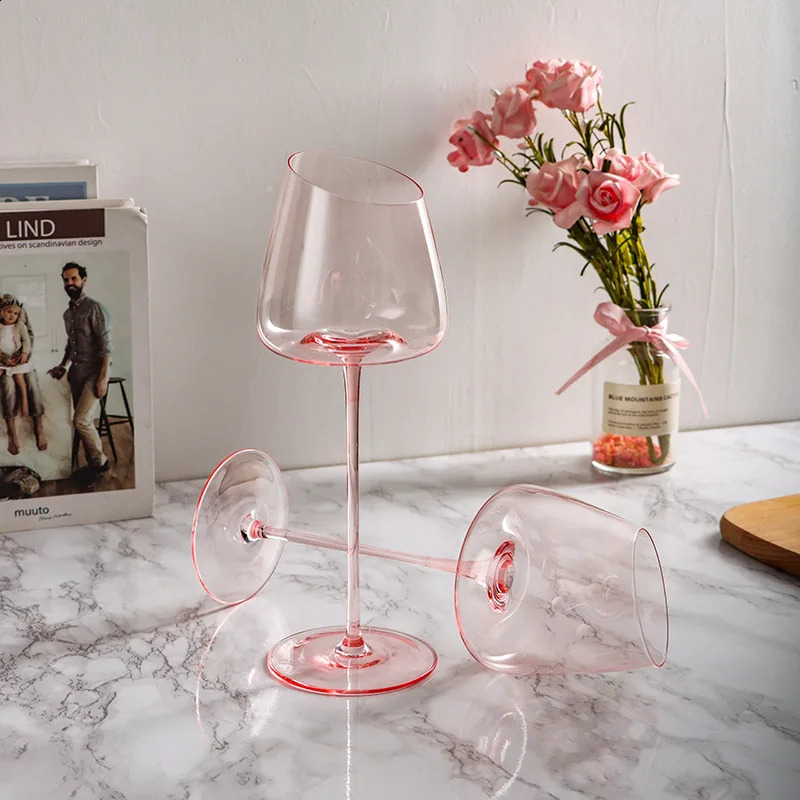 French Pink Flamingo Wine Glasses Set Crystal Glass Goblet Creative Inclined Mouth Concave Bottom Clear Champagne Wine Cup Blue 240913