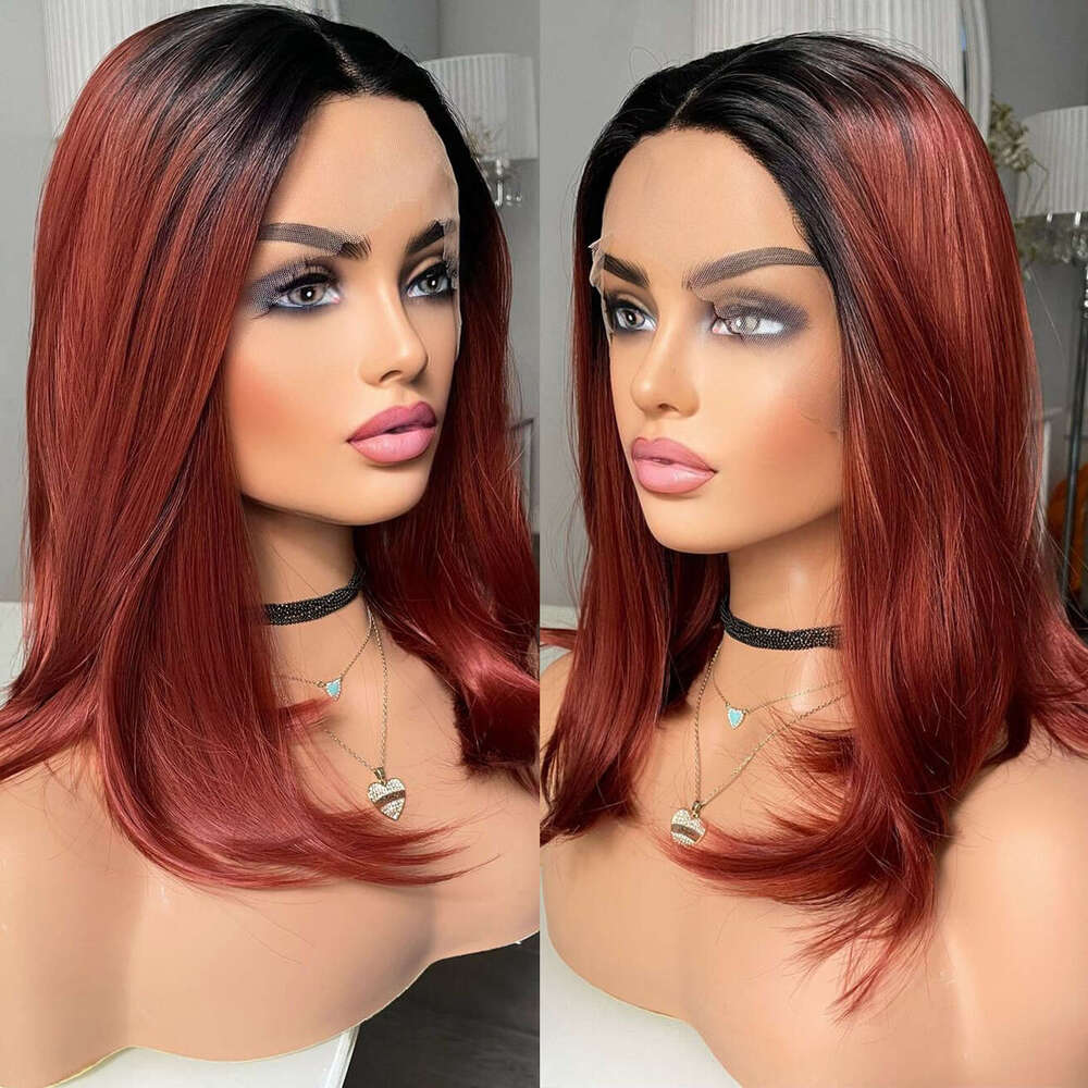 13X4 Ombre Copper Short Lace Front Silky Straight Bob Wig For Women Daily Use Cosplay Synthetic Hair