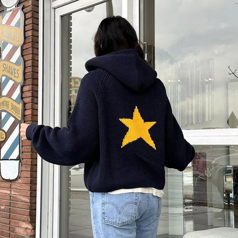 DEEPTOWN Y2k Hooded Sweater Winter Streetwear Hiphop Long Sleeve Star Print Graphics Sweater Jacquard Knit Hooded Pullover 240909CJ