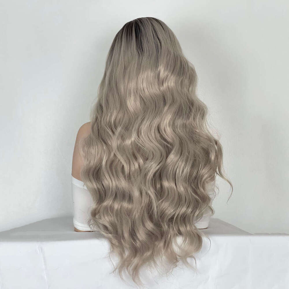 Heat Resistant Synthetic Platinum Ash Sier Blonde Light Gray Ashy Wavy Long Human Hair Blend Front Wig HD Lace