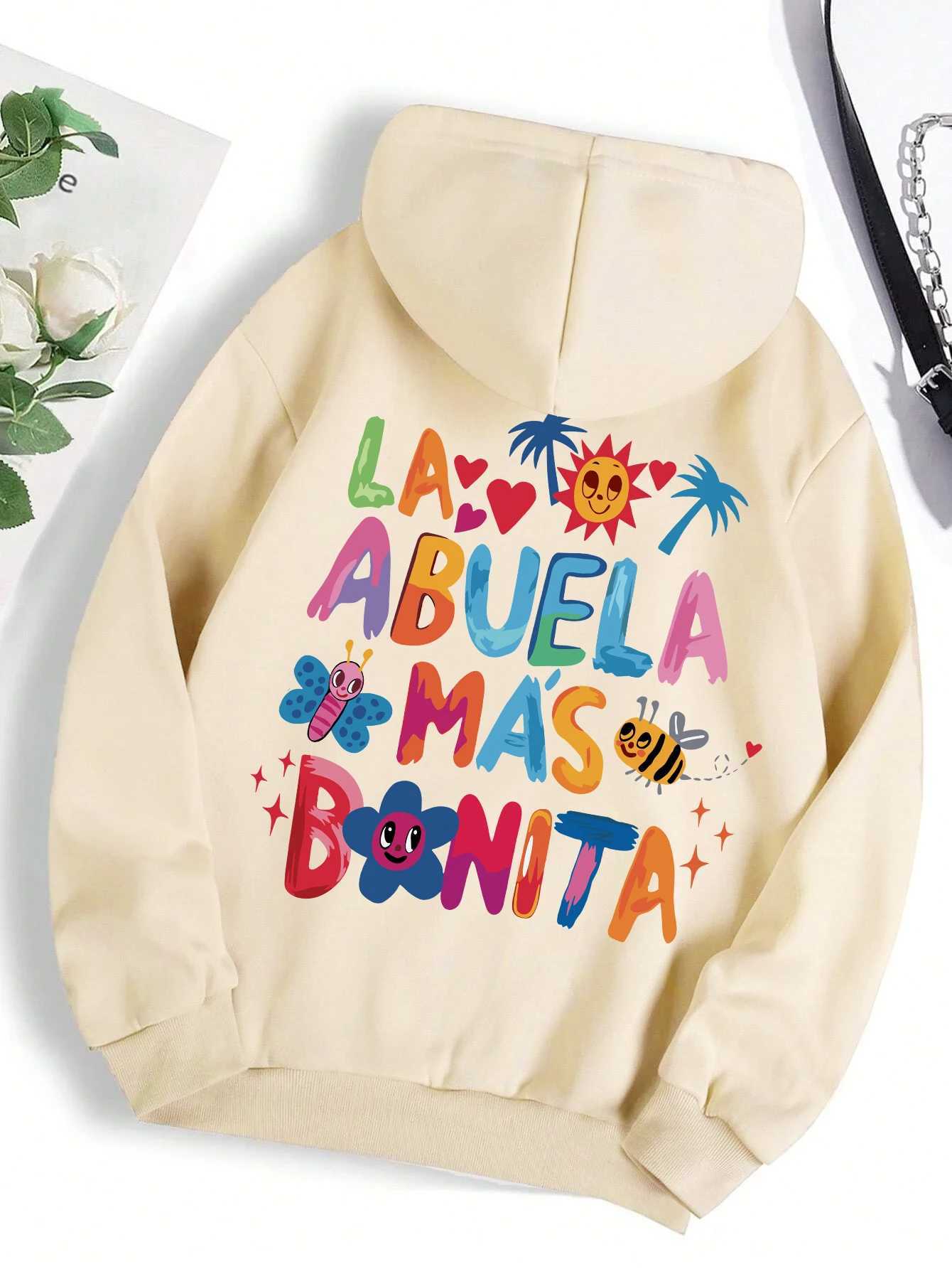 La Abuela M s Bonita Funny Letter Design Printed Womens Retro Hoodie Hip Hop Autumn Wool Warm Hoodie W240914