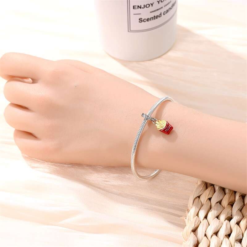 925 Sterling Silver Chocolate Pizza Cake Fries Food Charms Beads Fit Original Bracelets DIY Cute Jewelry Gifts