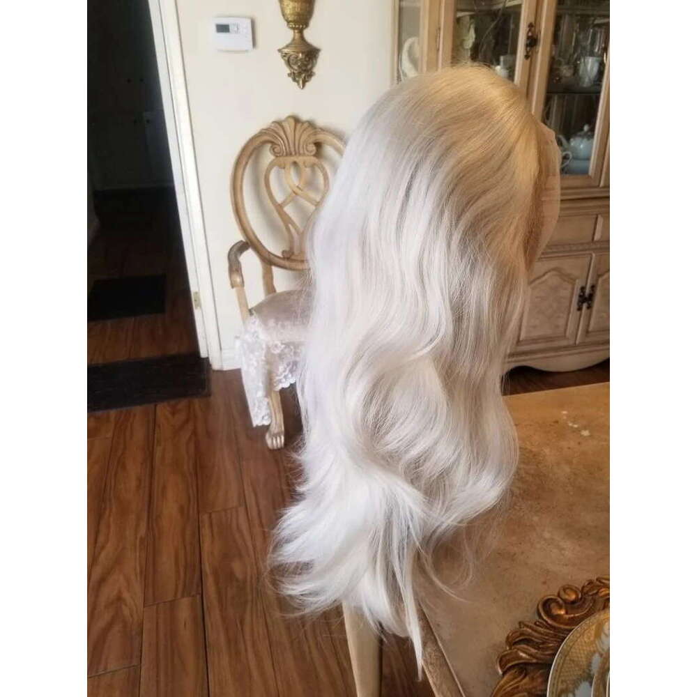 White Platinum Blonde Wavy Synthetic Lace Front Wig Heat Resistant Fiber 13X4 Daily Use/Cosplay 10% Human Hair Mixed