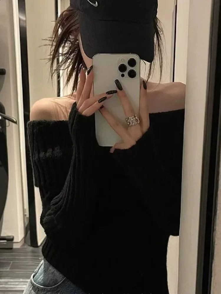 Autumn Winter Solid Color Rib Knitted Off the Shoulder Pullover Sweater Sexy Women Full Sleeve Slim Stretch Knitwear Jumper 240911