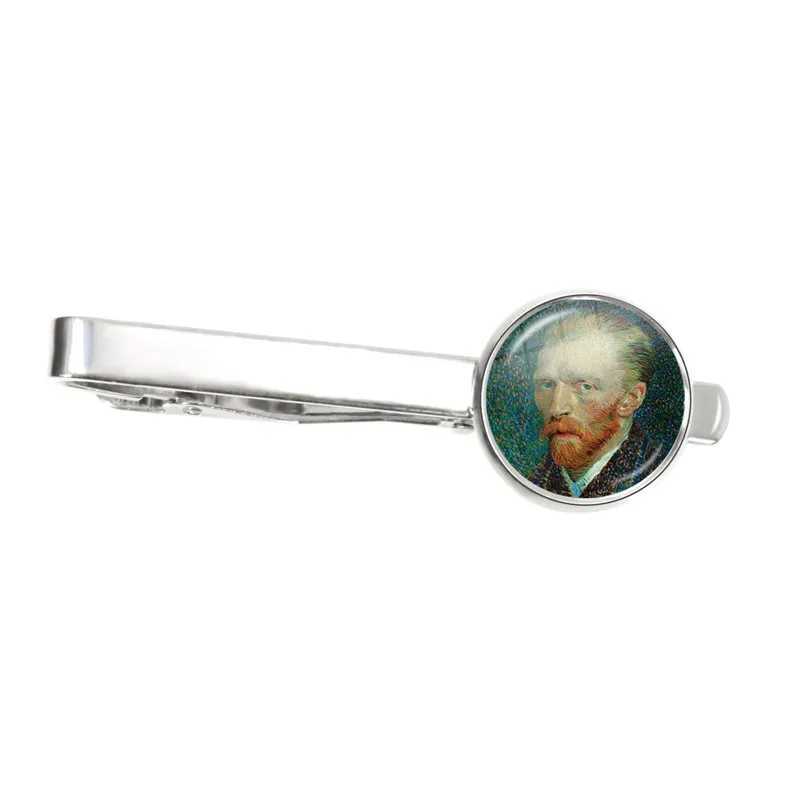 Mens New Fashion Van Gogh Oil Painting Tie Clip Copper Metal Simple Neck Tie Pin Set Pin Button Gift W240914