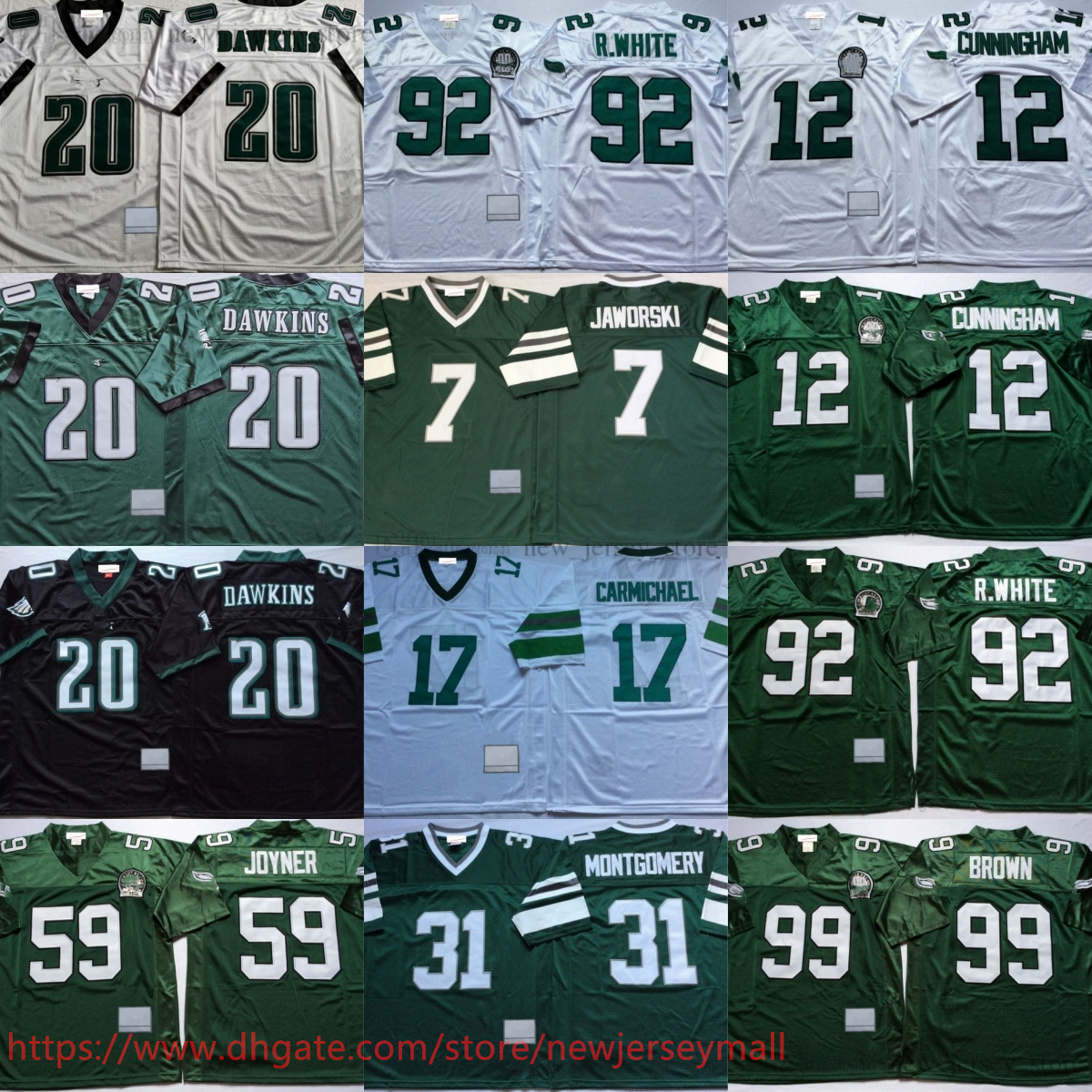 College 1996 Throwback Football 20 Brian Dawkins Jersey Vintage 12 Randall Cunningham 92 Reggie White 99 Jerome Borwn Wilbert Montgomery Harold Carmichael Jersey