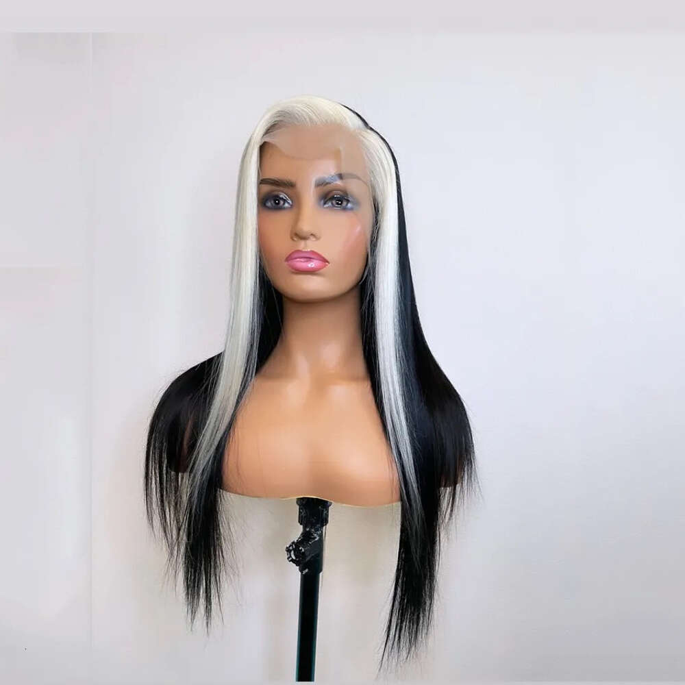 Heat Resistant Firber Synthetic Lace Front Black White Highlights Wig 10% Human Hair Straight Wigs Free Style Cosplay/Dailly