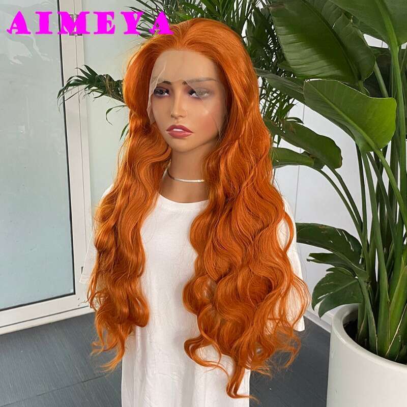 AIMEYA Orange Synthetic Lace Front For Women Natural Haire Long Loose Wave Wig Daily Use Cosplay Heat Resistant Fiber
