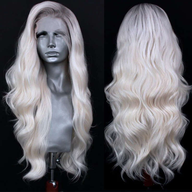 Icy Blonde Body Wave Synthetic Heat Resistant Mixed 10% Human Hair White Lace Front Wig #6 Roots 150% Daily Use