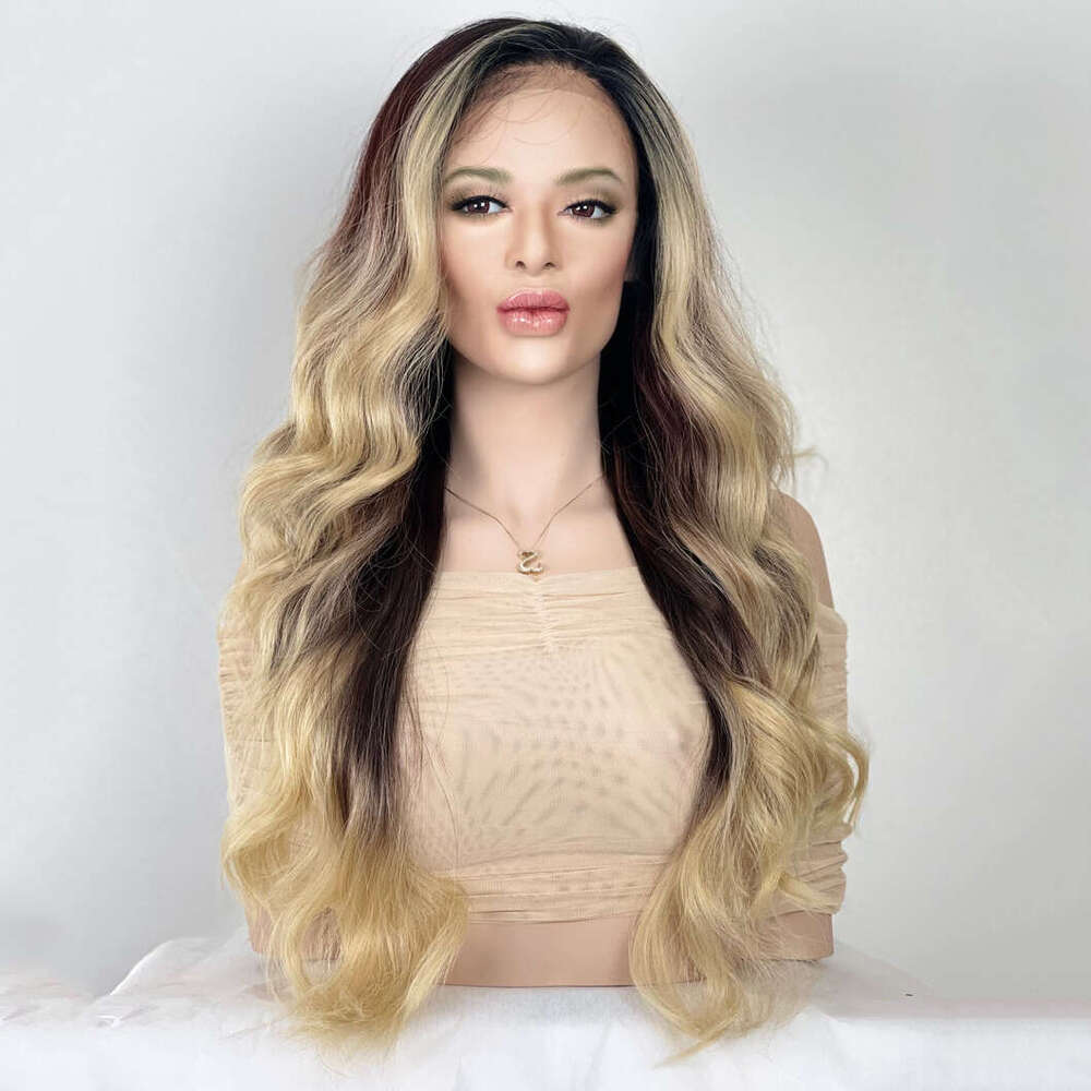 Blonde Brown Balayage Ombre Synthetic Fiber 28" Long Wavy Human Hair Blend Lace Front Wig Free Parting Heat Resistant
