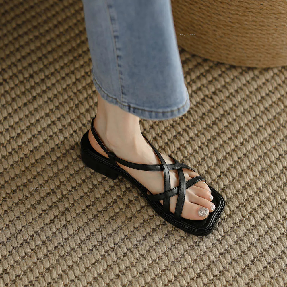 Open French Cross Toe Roman Sandals Women's 2023 Summer Fine Strap Woven Low Heel Brown Beach