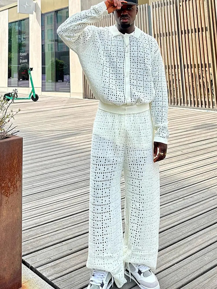 Fashion Solid Crochet Hollow Out Mens Pants 2 Piece Set Casual Lace Lapel Shirt With Wide Leg Trousers Suits Autumn Outfits 240909