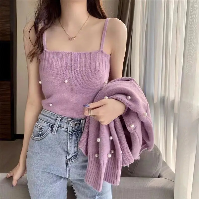 Women Autumn Simplicity Loose Fashion Diamonds knitting Cardigan coat women clothes Casual Allmatch Camis sweet Two piece set 240904