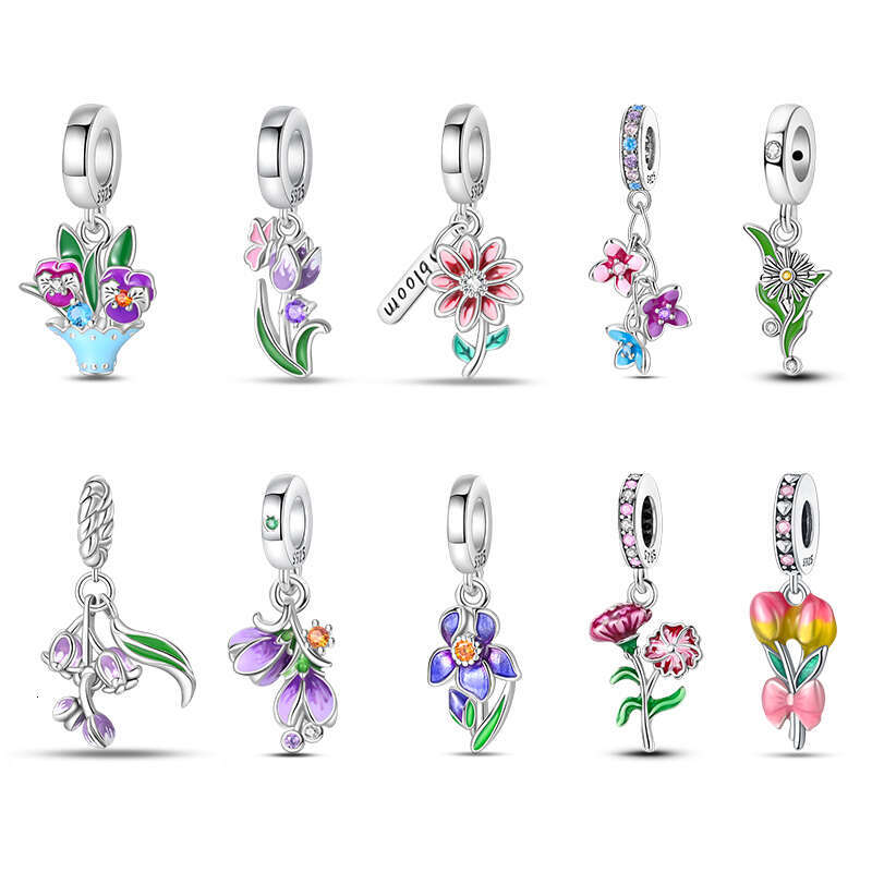 New 925 Sterling Silver Spring Tulip Pansy Flower Charms Bead Fit Original Bracelets Fine DIY Jewelry Birthday Gift