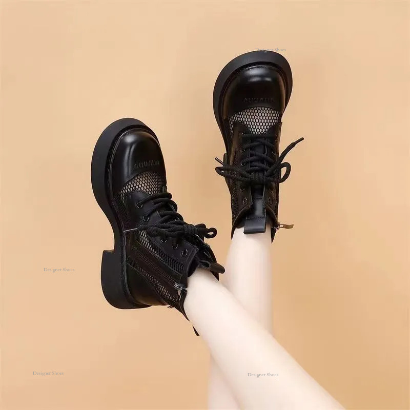 New 2024 Summer Mesh Martin Boots Womens Hollow Mid Heel Short Boots Thin Breathable Thick Sole Lace Cool Boots