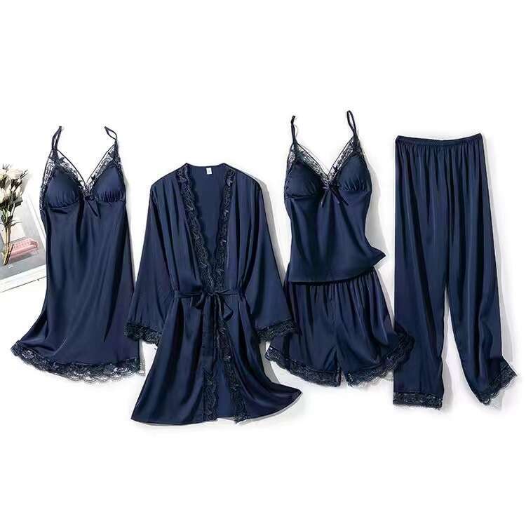 Women Sexy Pamas 5Pcs Satin Sleepwear Pijama Lace Wear Home Clothing Embroidery Sleep Lounge Pyjama With Chest Pads