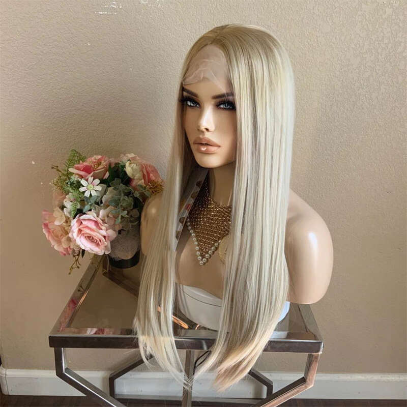 Ash Blonde Synthetic Front For Women #60 Long Straight 26" Pre Plucked 30% Human Hair Heat Resistant Lace Wig Daily Use