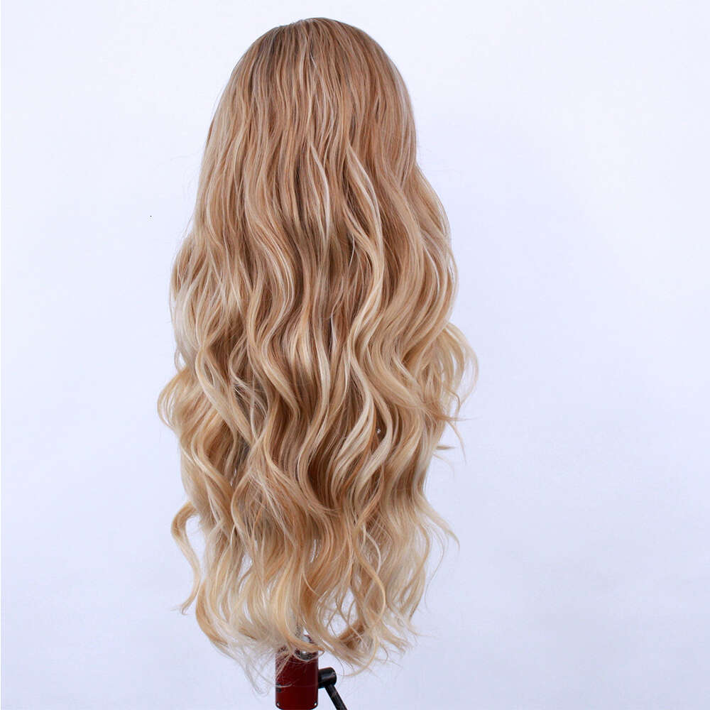 Ashy Grey Rooted Golden Blonde Highlights Lace Front Wig High Quality Heat Safe Synthetic Fiber Loose Wand Curls 150% Daily