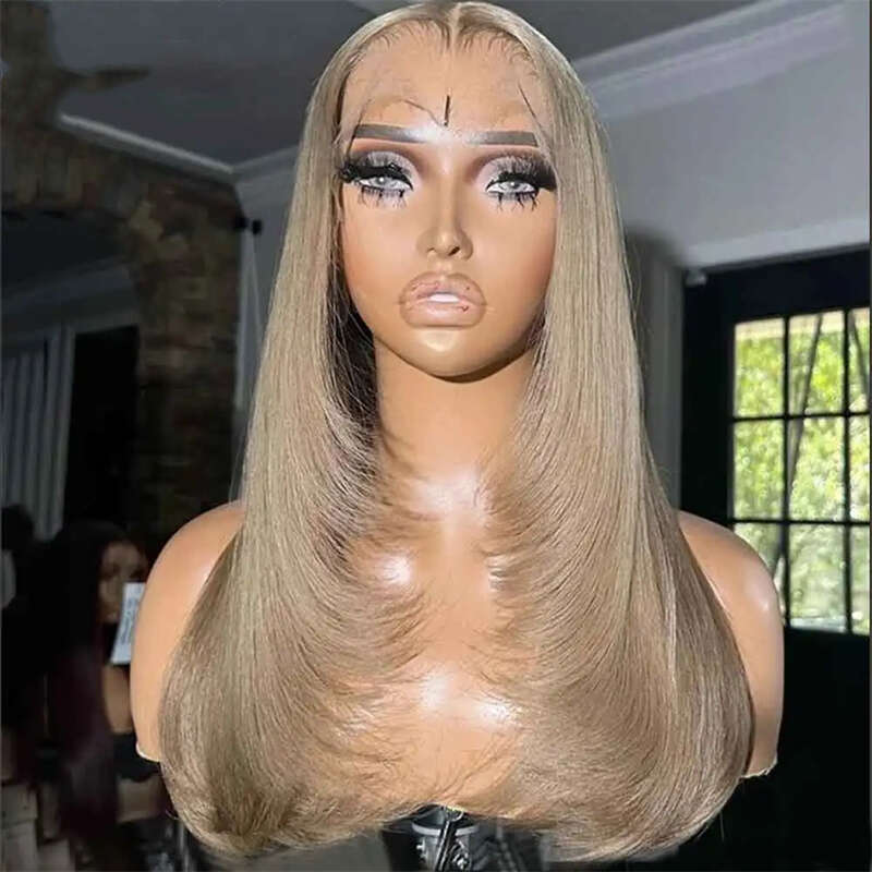 Ash Brown Synthetic Front Wigs For Black Women Layered Cut HD Transparent Glueless Straight Lace Wig