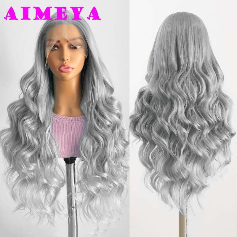 AIMEYA Sier Grey Synthetic Long Body Wave Front Light Gray Heat Resistant Hair Lace Daily Use Cosplay Wig