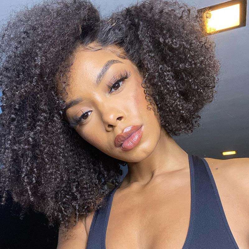 Short Afro Kinky Curly Synthetic Bob Wig Lace Front Wigs 10% Mixed Human Hair For Women Daily Wear Side Parting