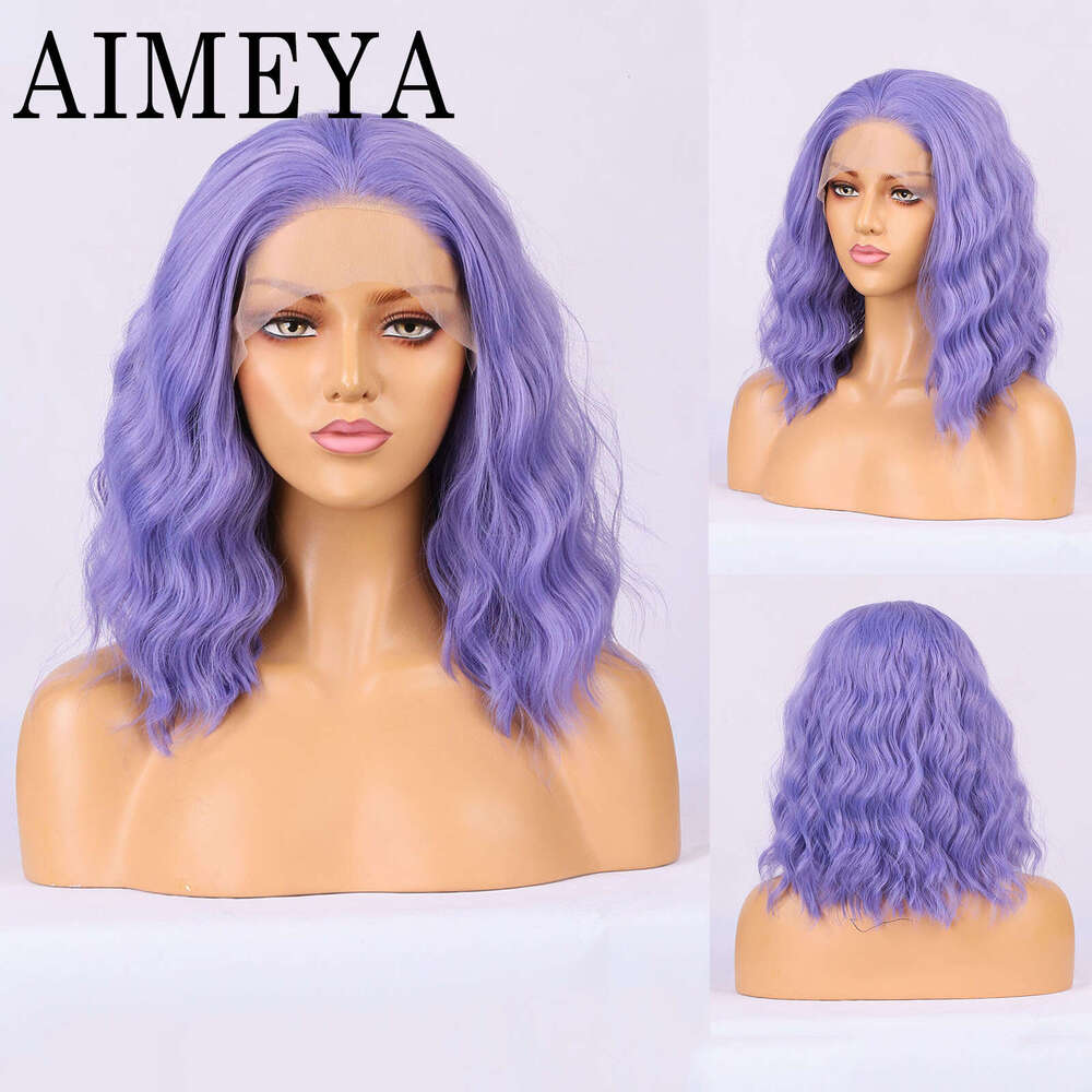 AIMEYA Blue Purple Short Bob Natural Wave Synthetic Lace Front Shoulder Length Wig For Women Daily Use Cosplay