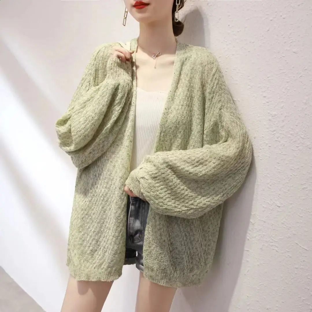 Sunscreen Thin Knitted Cardigan Summer Womens Fashion Loose Korean Version Lazy Lantern Sleeve Outer Outfit 240904