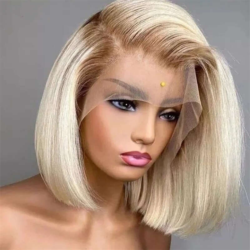 Ash Blonde Highlight Color Short Straight Bob Front Wigs For Women Long Synthetic Hair Dark Roots 13X4 Lace Frontal Wig