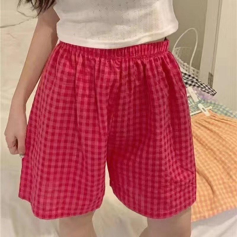 2024 Summer Women's Shorts Bottoms Pamas Cotton Soft By Checkered Printing Loose Home Thin Pants Women Sleepwear